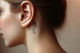 Subtelny tatuaż o motywie roślinnym zdobi szyję kobiety, dodając elegancji jej profilowi. Delikatne linie tworzą kwiatowy wzór z detalami przypominającymi liście i pąki