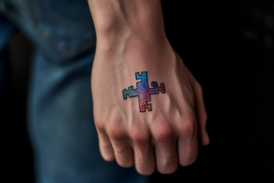 Kolorowe puzzle na dłoni mężczyzny jako sugestia, iż ma on poukładane już swoje życie miłosne