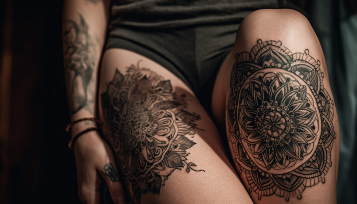 Widoczne są dwie złożone kompozycje tatuażu, jedna na przedramieniu, a druga na udo, obie w mandala stylu z bogatym wzornictwem