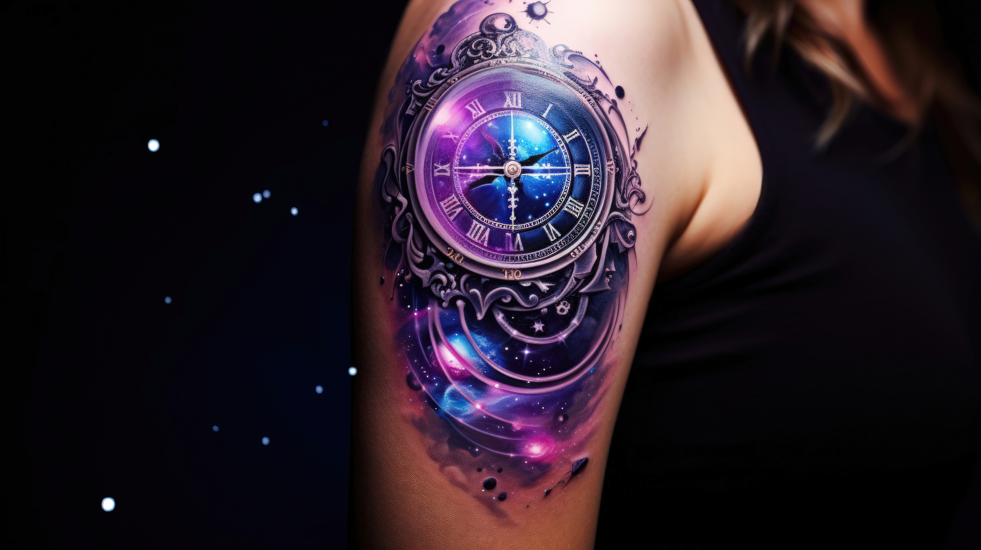 Tatuaż na ramieniu osoby przedstawia złożony zegar z rzymskimi cyframi, wkomponowany w kosmiczną scenerię z galaktykami i gwiazdami. Kolorowa kompozycja łączy elementy steampunku i astronomii, tworząc hipnotyzujący obraz z głębokimi odcieniami fioletu i błękitu