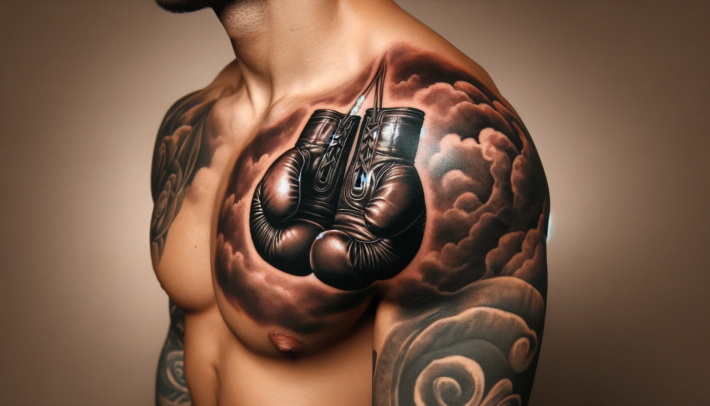 Tatuaż przedstawia parę zawieszonych rękawic bokserskich na tle dramatycznych chmur, pokrywający klatkę piersiową i ramię mężczyzny. Zdobienie jest wykonane z wyraźnymi szczegółami i głębokim kontrastem, co nadaje mu trójwymiarowy efekt