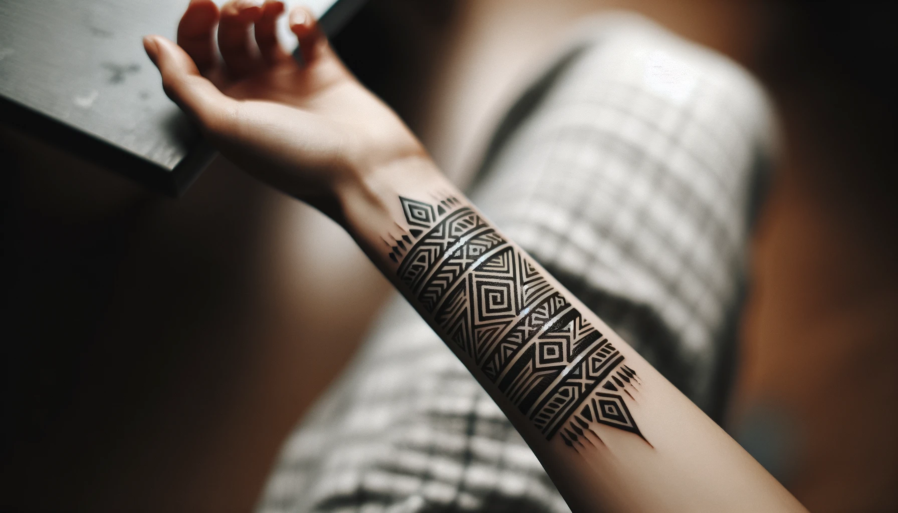 Długość przedramienia ozdabia tatuaż w stylu tribal, przedstawiający geometryczne wzory i linie