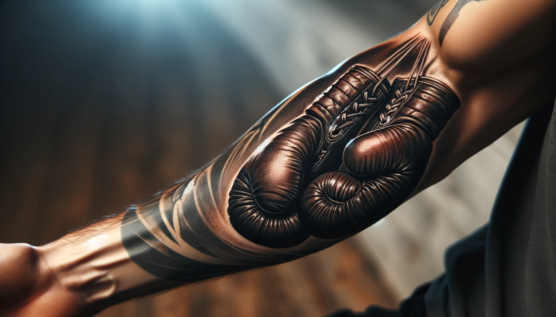Ramię mężczyzny pokrywa tatuaż przedstawiający parę rękawic bokserskich zwieszonych na sznurze. Detal i głębia barw tatuażu nadają mu realistyczny i trójwymiarowy wygląd