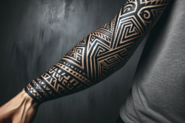 Widoczne jest ramię pokryte tatuażem w stylu plemiennym, który tworzy skomplikowany wzór obejmujący całą długość od ramienia do nadgarstka