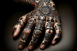 Dłoń ozdobiona jest wieloma tatuażami w różnorodnych wzorach, w tym symbole, geometryczne kształty i naturalistyczne obrazy, które tworzą złożoną mozaikę sztuki na skórze. Wzory są gęsto rozmieszczone, pokrywając każdy fragment skóry widoczny w kadrze