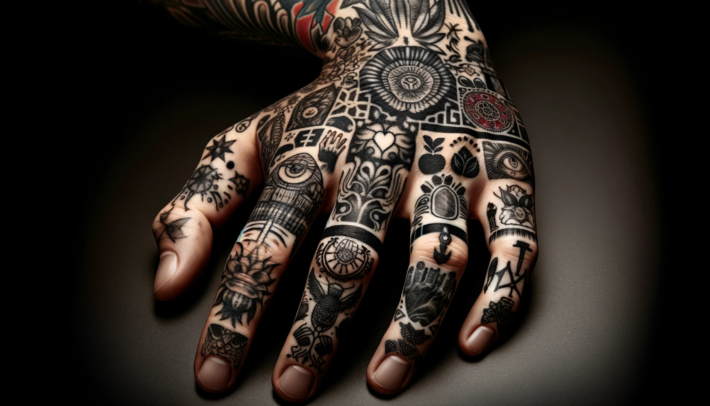 Dłoń ozdobiona jest wieloma tatuażami w różnorodnych wzorach, w tym symbole, geometryczne kształty i naturalistyczne obrazy, które tworzą złożoną mozaikę sztuki na skórze. Wzory są gęsto rozmieszczone, pokrywając każdy fragment skóry widoczny w kadrze
