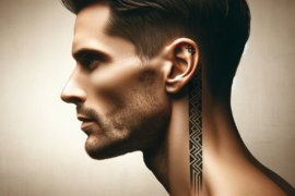 Prezentowany profil mężczyzny uwydatnia geometryczny tatuaż biegnący wzdłuż jego szyi. Na uchu widoczny jest dodatkowy tatuaż w formie symbolu