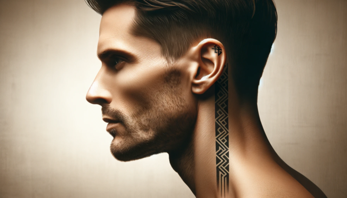 Prezentowany profil mężczyzny uwydatnia geometryczny tatuaż biegnący wzdłuż jego szyi. Na uchu widoczny jest dodatkowy tatuaż w formie symbolu
