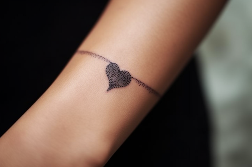 Delitkatny tatuaz w kształcie serduszka na nadgarstku młodej kobiety wykonany w formie romantycznej bransoletki