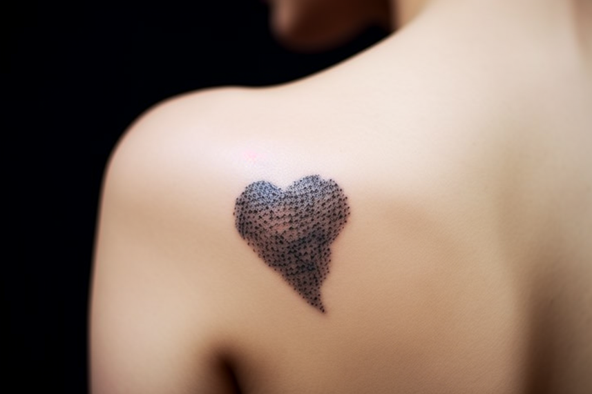 Malutki tatuaż na łopatce młodej kobiety zrobiony w stylu dotwork