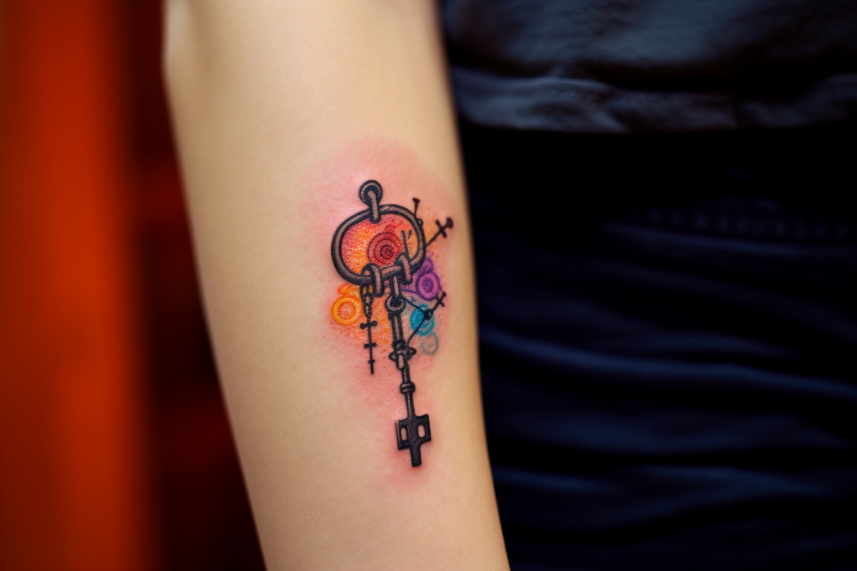 Tatuaż w kształcie klucza z dodatkiem kolorowych akcentów