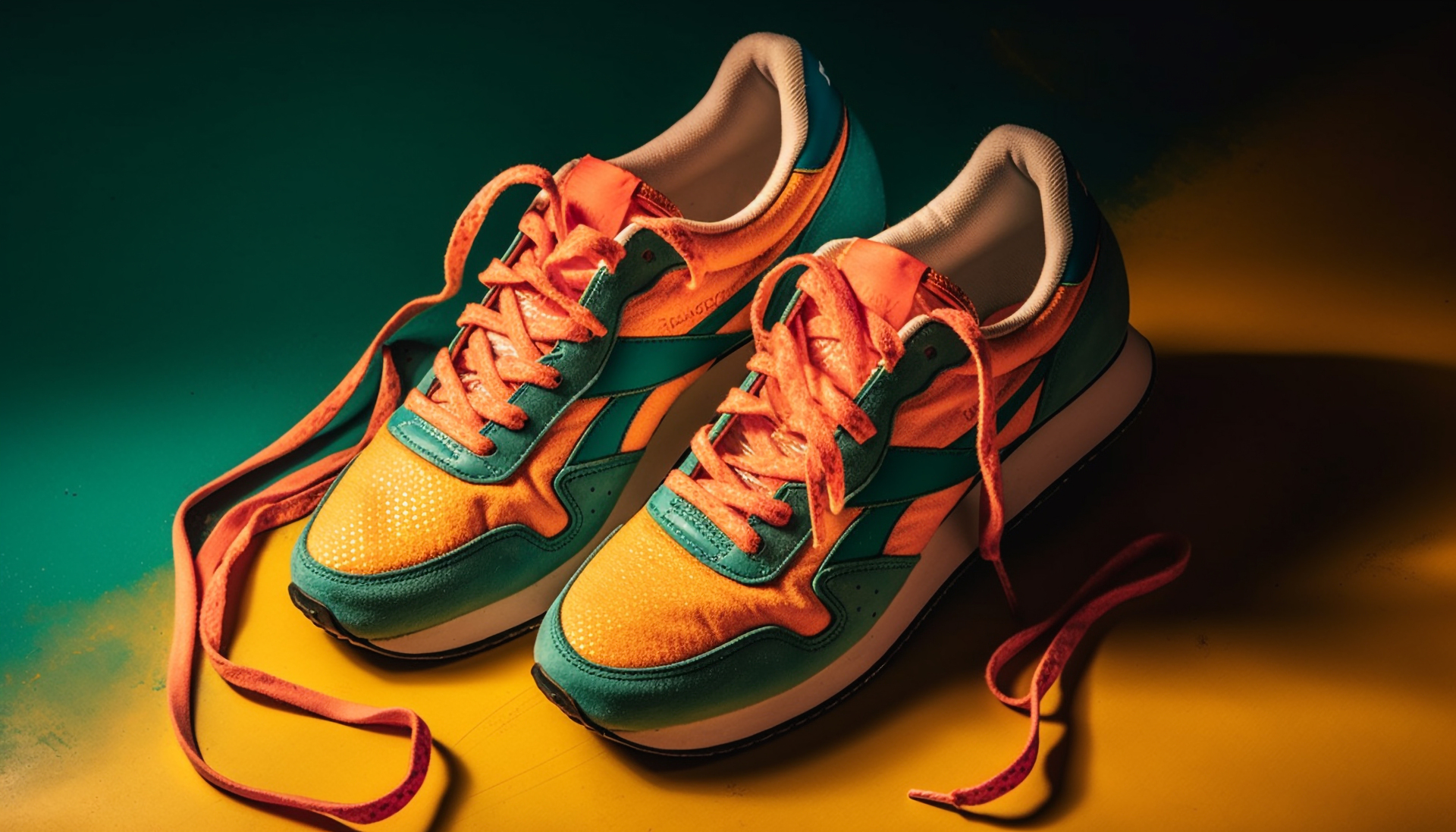 Na zdjęciu widzimy parę kolorowych butów sportowych, które znajdują się na tle zielono-żółtej tekstury. Buty wydają się być wykonane z lekkiego i elastycznego materiału, a ich podeszwy posiadają wyprofilowanie, co zapewnia dobrą przyczepność. Obrazek ten ma na celu ukazanie nowoczesnego i modnego designu butów sportowych oraz ich funkcjonalności. Żywe kolory butów w kontraście z zielono-żółtym tłem sprawiają, że obrazek jest bardzo atrakcyjny wizualnie i przyciąga uwagę. Ten obrazek może zainteresować osoby poszukujące butów sportowych, które łączą w sobie funkcjonalność z modnym designem oraz kolorowe akcenty, które dodadzą energii do ich sportowych stylizacji.