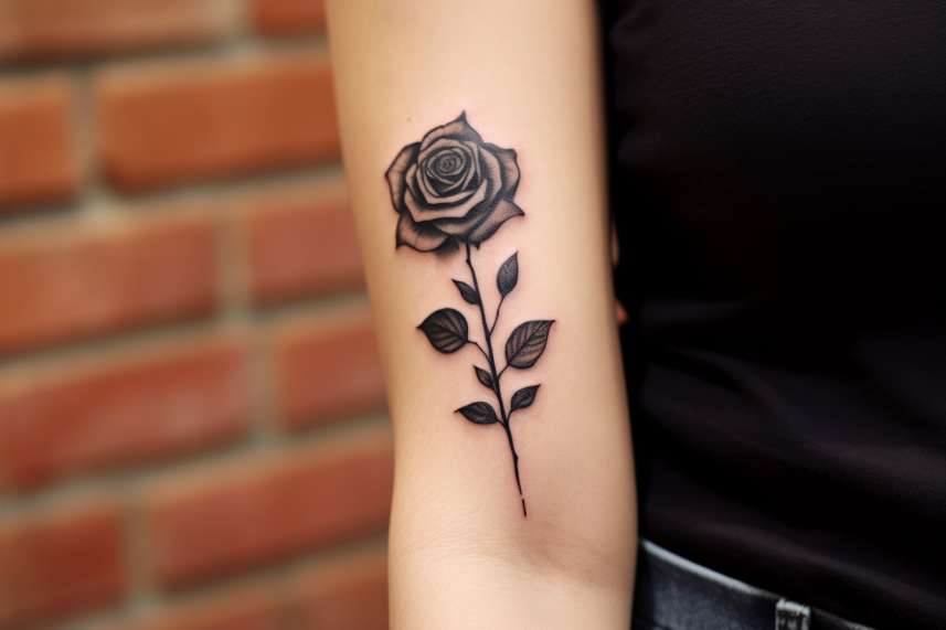 Tatuaż róża na bicepsie kobiety wykonana czarnym tuszem