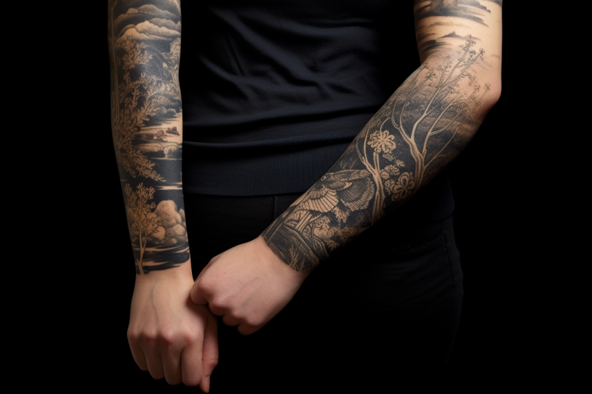 Czarny tatuaż w formie rękawa kobiety las