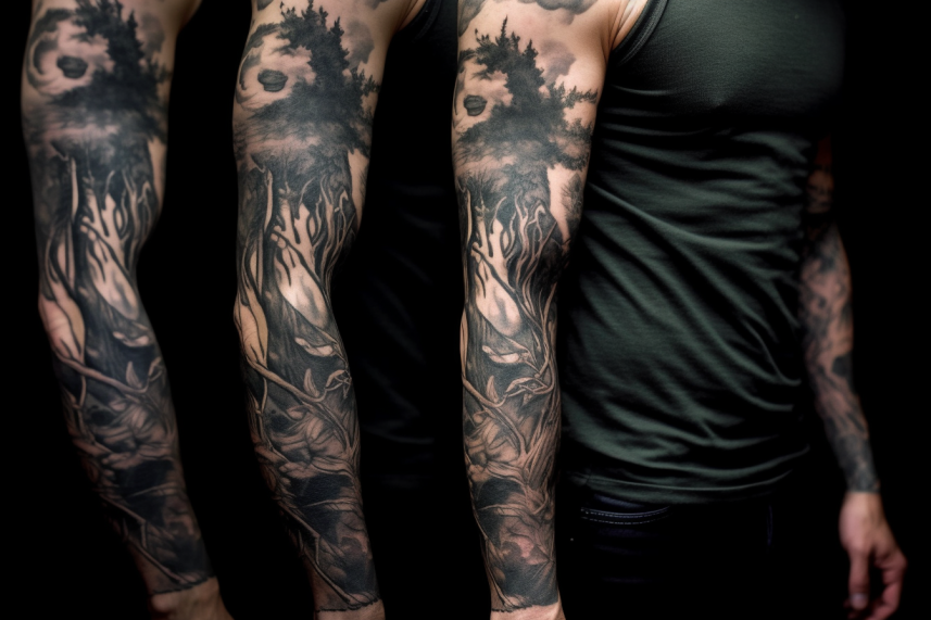 Dzikie zwierzęta wkomponowane w tatuaż rękaw