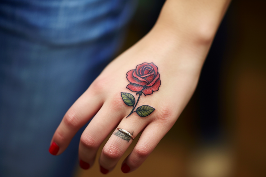 Czerwona róża tatuaż na dłoni kobiety