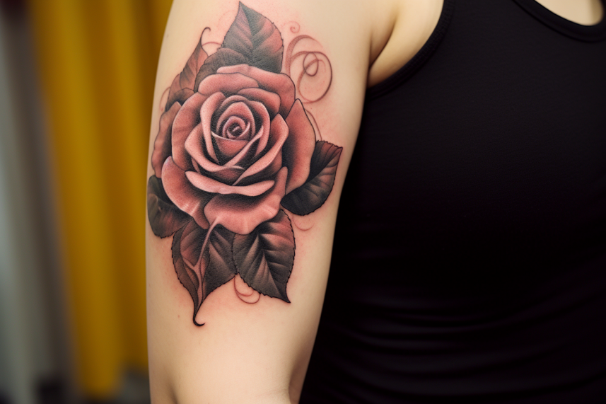 Duże czerwona róża na bicepsie u kobiety