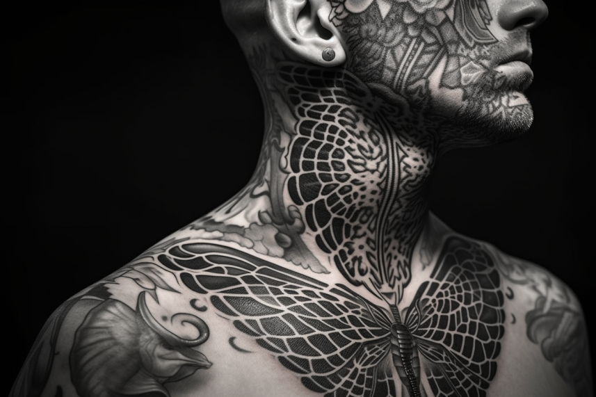 Tatuaż u mężczyzny na szyi w formie motyla