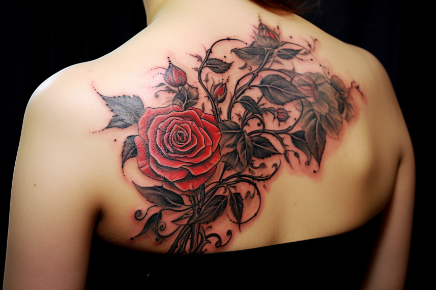Duży tatuaż z różami na łopatce młodej kobiety