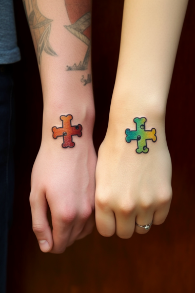 Dwa kolorowe puzzle na dłoniach kobiety i mężczyzny