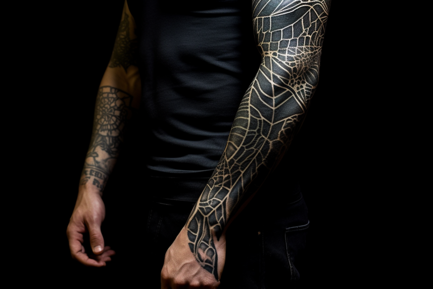 Mężczyzna z tatuażami biomechanicznymi