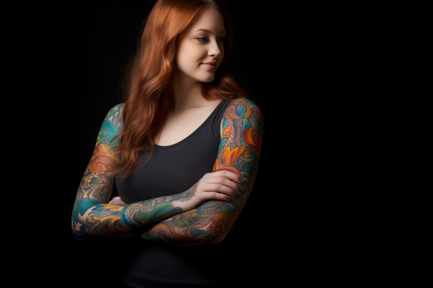 Ruda kobieta z tatuażami rękaw na obu ramionach