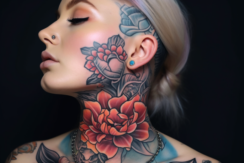 Kobieta z kwiatami w formie tatuażu na szyi