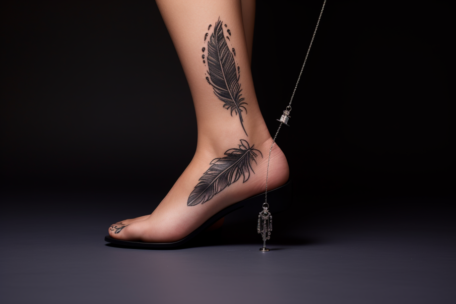 Tatuaż na stopie kobiety ze worem pióra