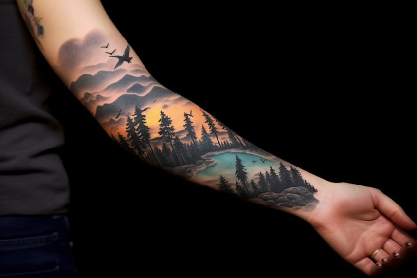 Tatuaż w formie rękawa przedstawia krajobraz lasy i jeziora