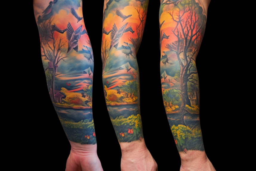 Tatuaż w kolorze przedstawiający krajobraz