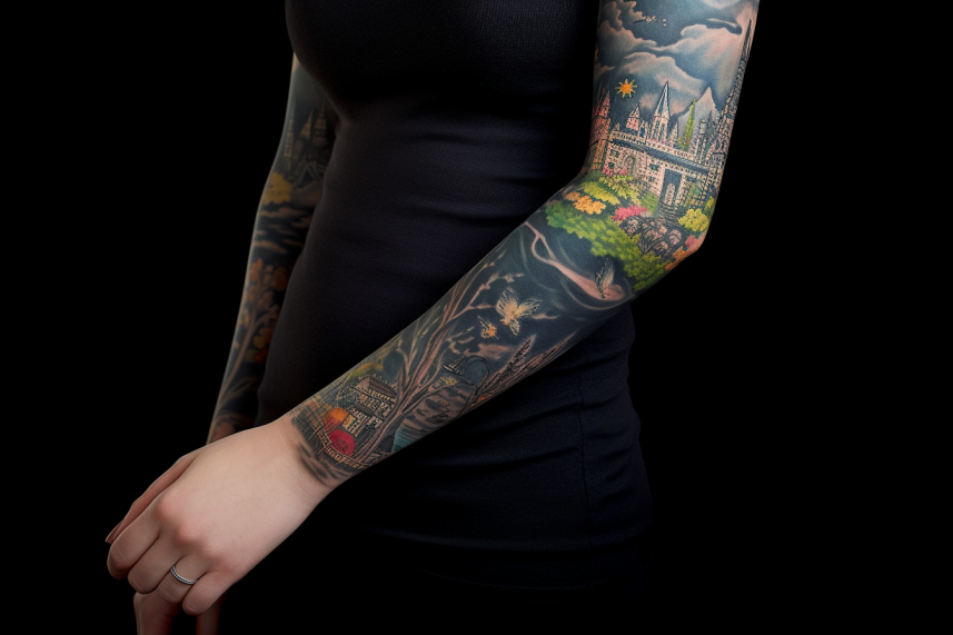Tatuaż rękaw jako krajobraz miasta