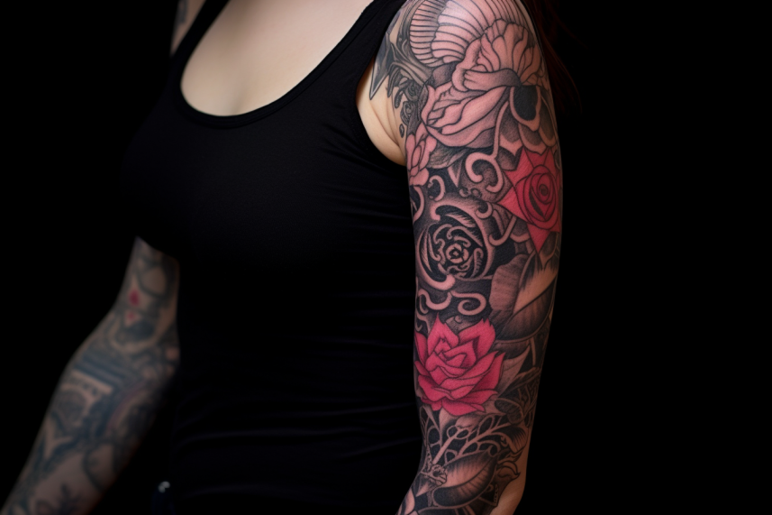 Czerwono czarny tatuaż w stylu kwiatowym