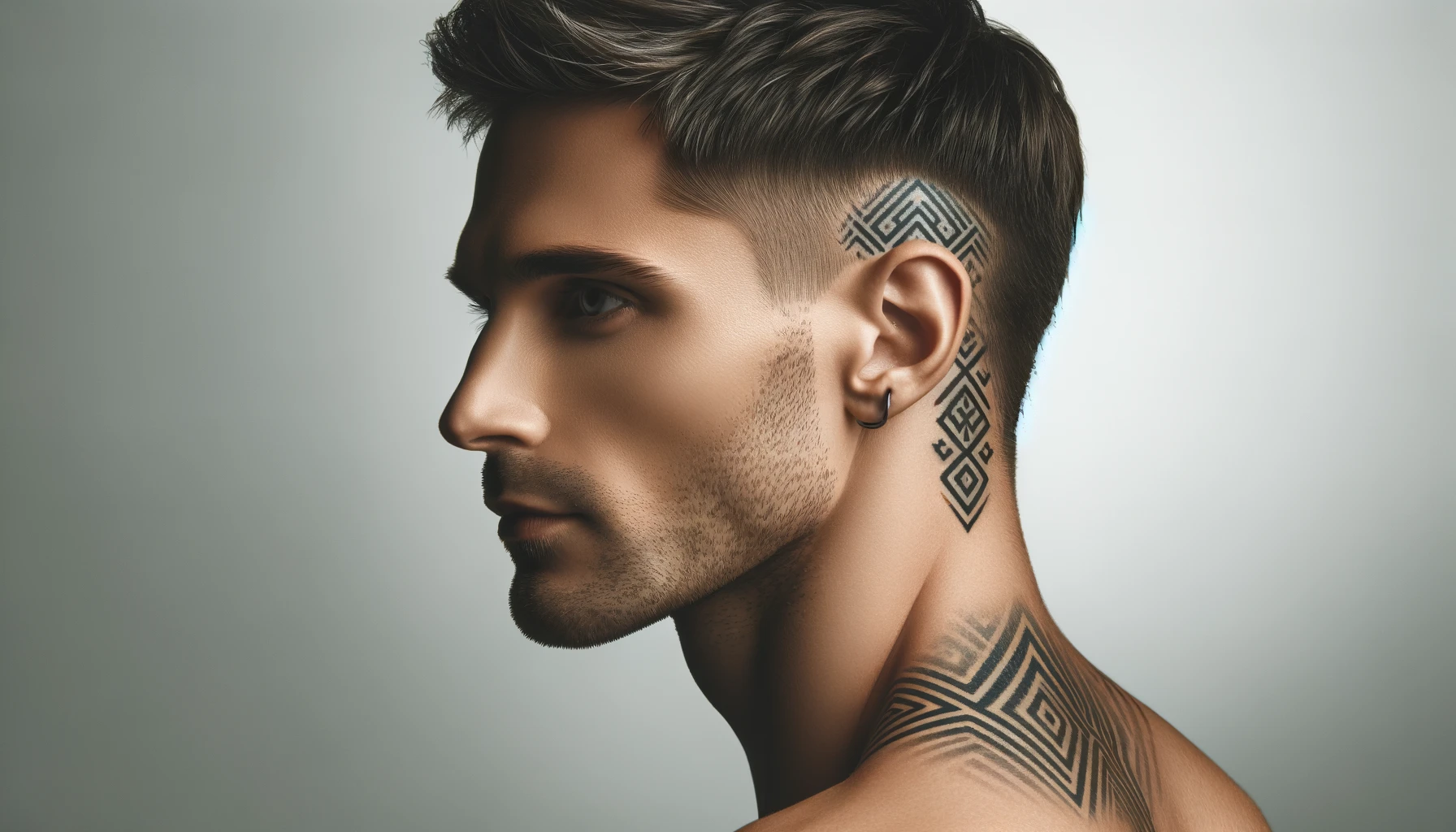 Mężczyzna o ostrym profilu i wyraźnych rysach twarzy ma na uchu oraz na szyi tatuaże o geometrycznych wzorach. Tatuaż na szyi ciągnie się od ucha aż do linii barku