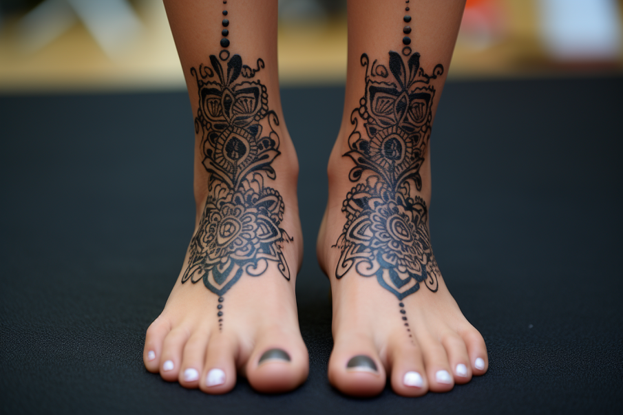 Kobiecy tatuaż mandala na kostkach u nóg