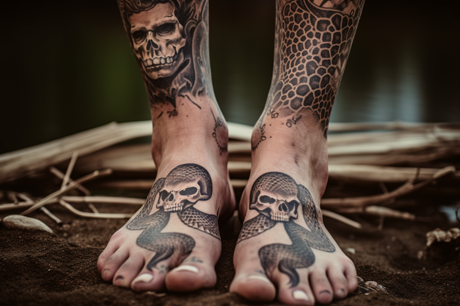 Tatuaże na stopach i kostkach mężczyzny