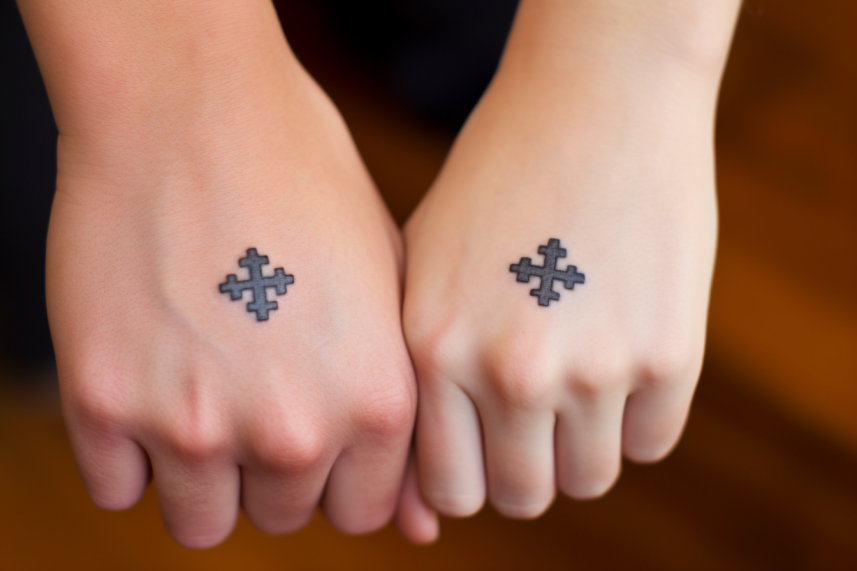 Tatuaże w formie dziwnego puzzla na dłoniach pary
