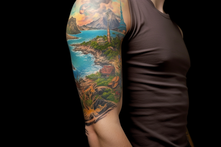 Tatuaż w formie początku rękawa przedstawiający morze
