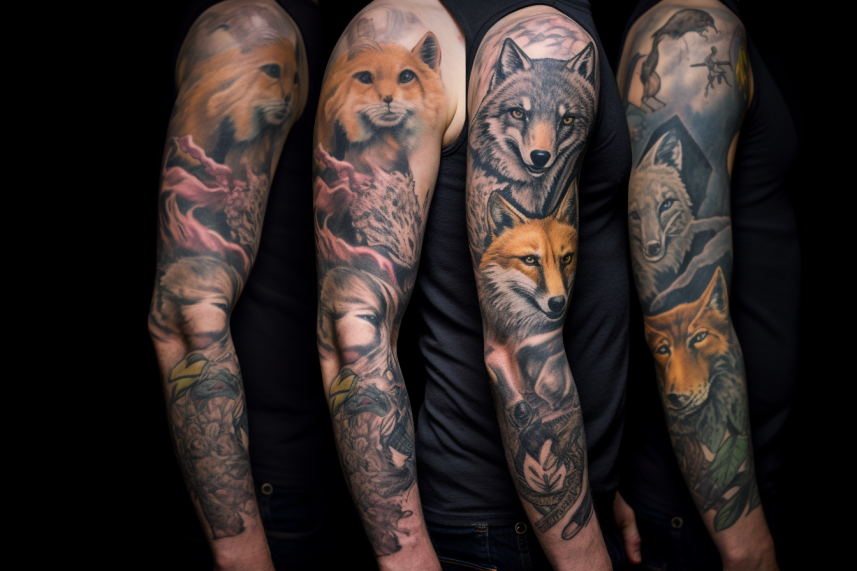 Dzikie zwierzaki wplecione w kolorowy rękaw tatuażu