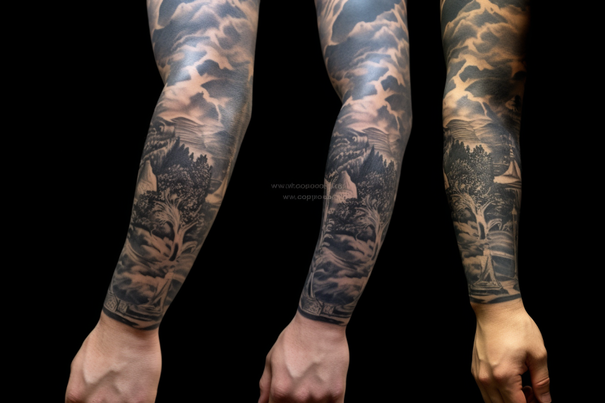 Tatuaż w formie rękawu z górami