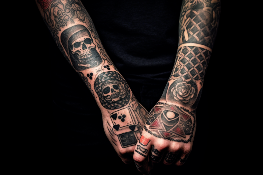Tatuaż w formie rękawa z czaszkami