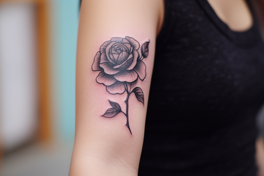 Róża na bicepsie kobiety wykonana w stylu dotwork