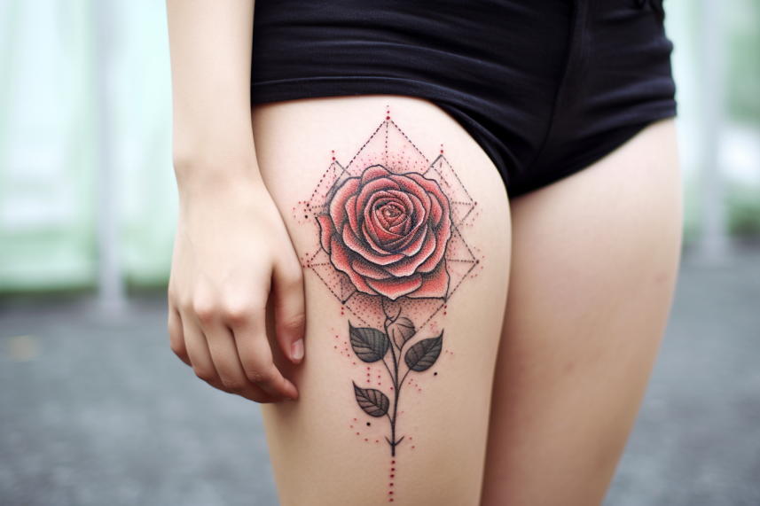 Tatuaż na udzie w kształcie róży w kolorze