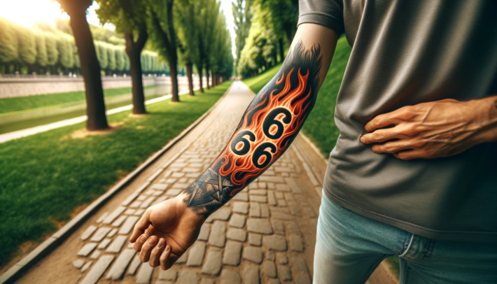 Tatuaż o numerze 666 na męskim przedramieniu