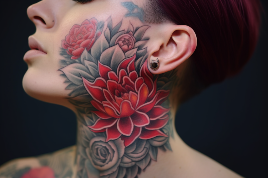 Kobieta z kwiatem na szyi jako tatuaż
