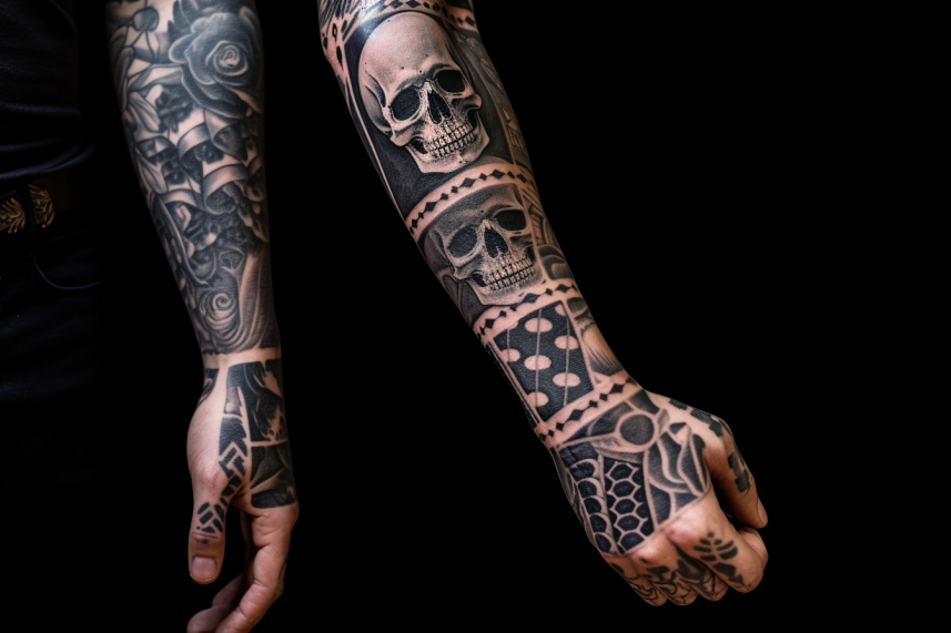 Tatuaż z czaszkami w tatuażu na całej długości ramienia