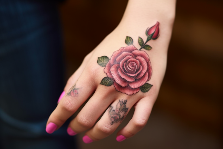 Tatuaż młodej kobiety na zewnętrznej dłoni kobiety