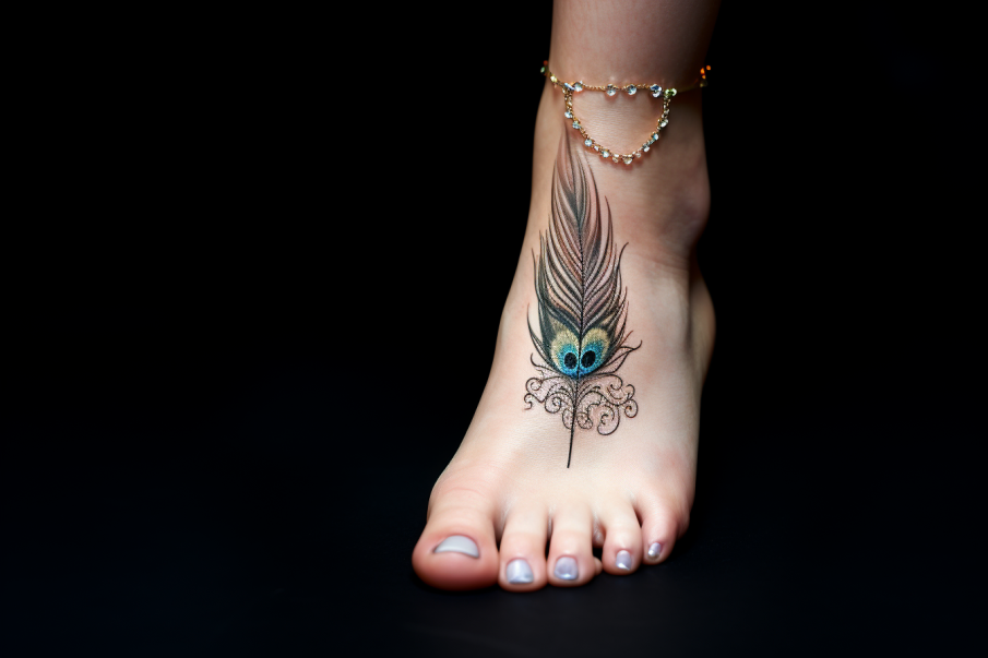 Tatuaż na kostce ze wzorem pawiego pióra