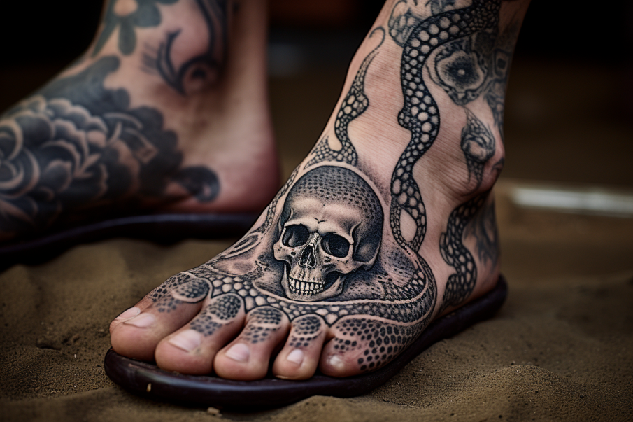 Stopa mężczyzny na postawiona na klapku przedstawia tatuaż na kostce i stopie