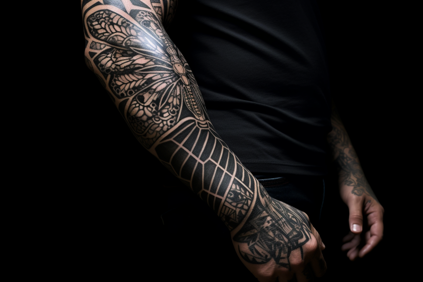 Mężczyzna z tatuażem biomechanicznym jako rękaw
