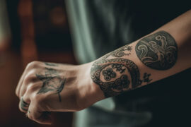 Na obrazku widzimy ramię zdobione trzema tatuażami wykonanymi z okazji 40 urodzin. Widać tu różne style i motywy, które odzwierciedlają osobowość i zainteresowania właściciela tatuaży. Na pierwszym planie jest tatuaż z inicjałami i datą urodzenia, a na drugim planie widać tatuaż przedstawiający motocykl. W tle znajduje się tatuaż z symbolem nieskończoności i motywem roślinnym. Ta grafika doskonale oddaje indywidualny charakter tatuaży na 40 urodziny i ich wartość jako formy wyrażenia siebie. Przeczytaj artykuł i dowiedz się, jak przygotować się do wykonania tatuażu i jakie wzory warto rozważyć na swoją 40 urodziny.